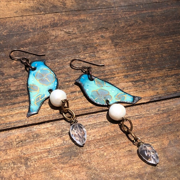 Painted Enamel Bird Pearl Earrings - Picture 4 of 9